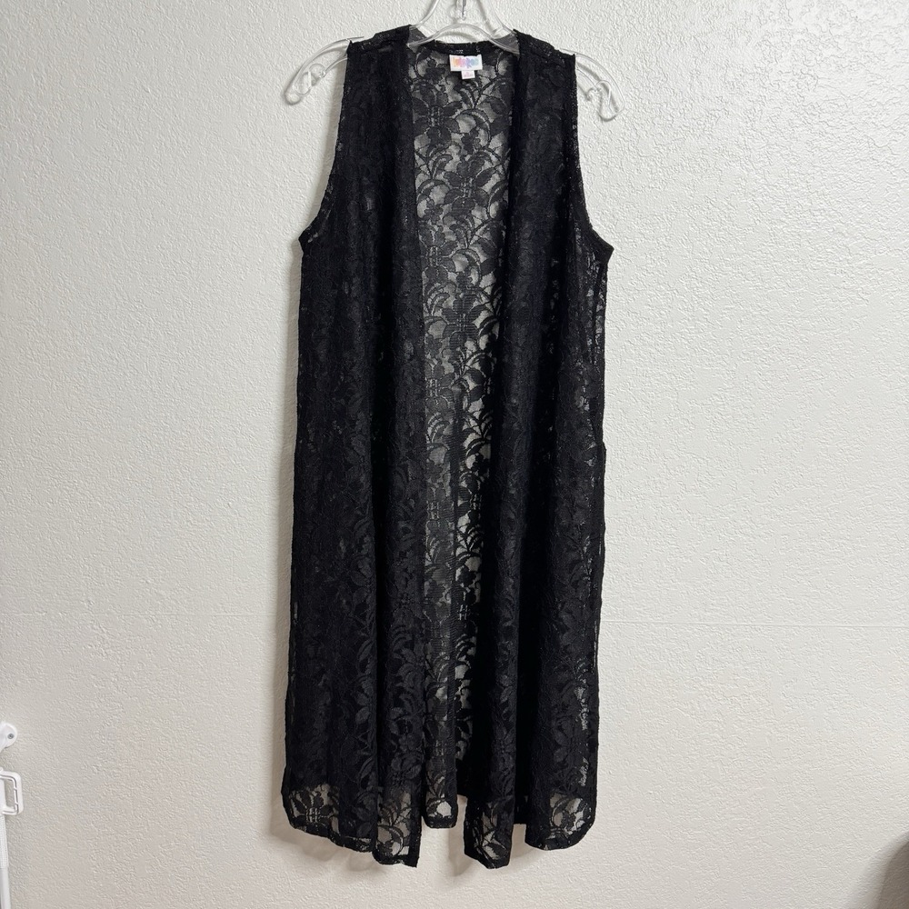 LuLaRoe Lace Duster Vest Womens Small Black‎ Sheer Sleeveless Layering